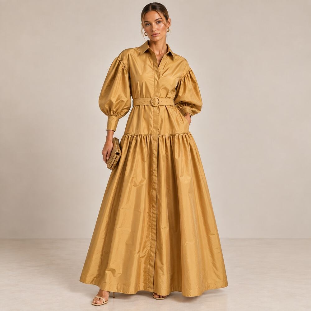 NWT Auteur Studio Bella Maxi Dress - Gold - Marigold - 100% Silk - Size S